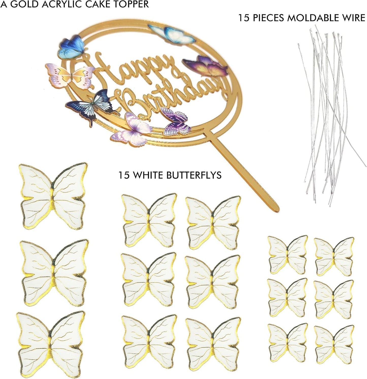 Butterfly Cake Toppers Decorations - 1 Big Happy Birthday Cake Topper & 15Pcs 3D White Gold Butterfly Cupcake Toppers - Perfect for Women Girl's Birthday