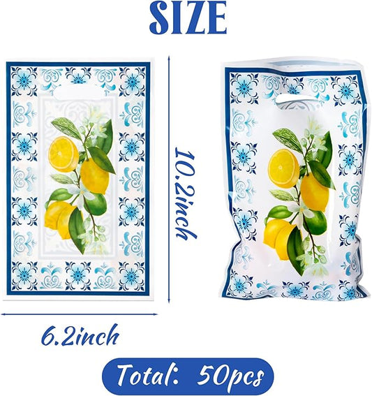 3sscha 50Pcs Capri Lemon Party Favor Bag Blue Tiles Yellow Lemon Plastic Waterproof Goodie Bag Citrus Fruit Rectangular Gift Bags for Kids Birthday Baby Shower Decoration Party Favor Supplies