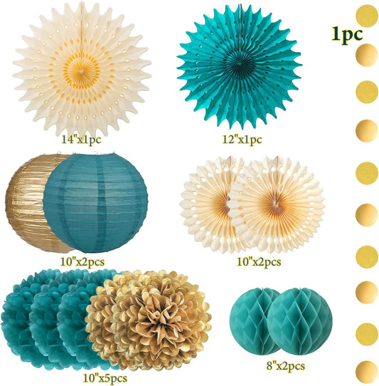 Dark Teal and Gold Party Decorations Dark Teal and Gold Paper Fans Paper Lanterns Pom Poms Flowers for Baby Shower Birthday Wedding Engagement Party