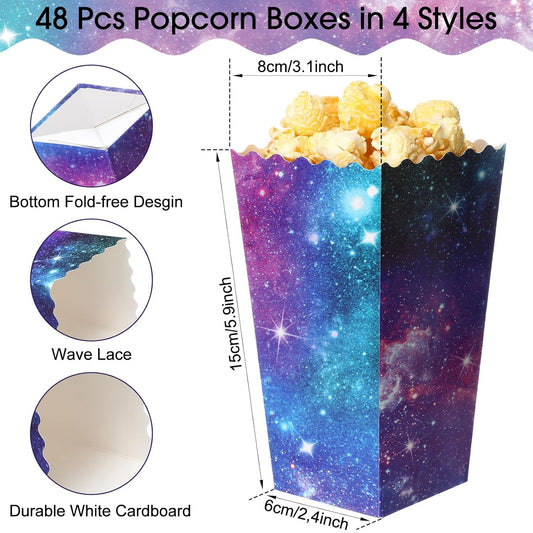 Honoson 48 Pcs Galaxy Popcorn Boxes 6 x 2.4 Inches Outer Space Popcorn Bucket Disposable Paper Food Trays Candy Goodies Treat Container for Birthday Movie Night Baby Shower Party Favor Supplies
