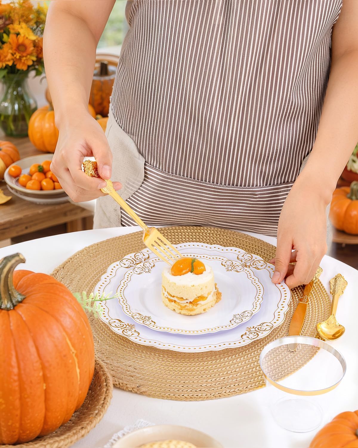 Ciaell 350 PCS Gold Plastic Plates - White and Gold Plates - Gold Disposable Plates Include 50 Disposable Plate, 150 Heavy Duty Silverware, 50 Cups, 50 Napkins for Wedding & Party & Thanksgiving