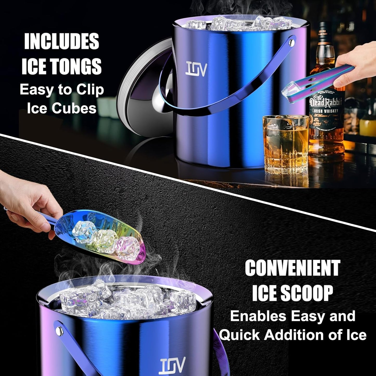 IOV Ice Bucket with Lid, Scoop, Tongs, and Strainer, 3 L Stainless Steel Double Wall Insulated Ice Bucket for Parties, Keeps Ice Frozen Longer, Ideal for Cocktail Bars, Freezers, and Wine - Rainbow