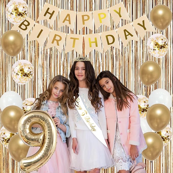 Trgowaul 9th Birthday Decorations for Girls, Banner, Sash and Crown, Cake Topper, 9 Number Balloon, Fringe Curtains, Champagne Gold 9th Birthday Party Supplies