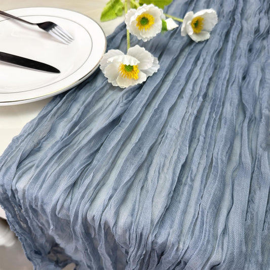 Booque Valley 3 Pack Dusty Blue Cheesecloth Table Runner 10ft Super Soft Boho Wrinkled Gauze Sheer Cloth for Baby Shower Baptism Birthday Party Wedding Centerpiece Table Decoration, 35x120 Inch