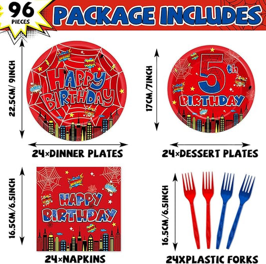 96Pcs Spider 5th Birthday Party Decorations Cartoon Spider Theme Plates Napkins Red Blue Hero Tableware set Disposable Spiderweb 5th Birthday Decoration Favors for Kids 5 Year Party Supplies Serve 24