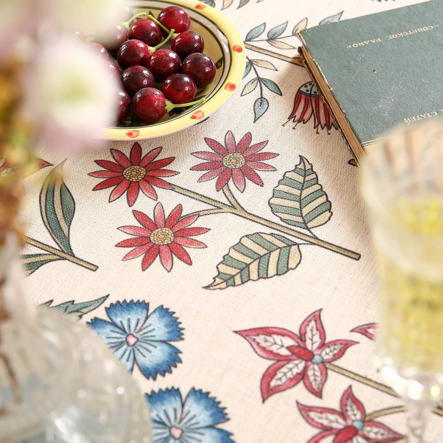 French Linen Round Tablecloth,Vintage Colorful Multiple Prints Soft and Durable Tablecloths,Decorative Table Cover for Kitchen,Dining,Party,Thanksgiving,Christmas,Diameter 67"-Lohi