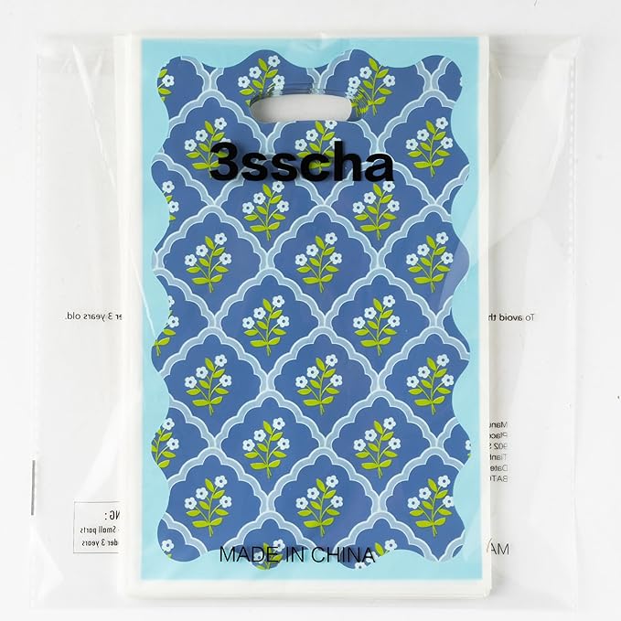50Pcs Coastal Wavy Flower Party Favor Bag - Blue Floral Plastic Waterproof Goodie Bag Spring Vintage Rectangular Gift Pack for Kids Birthday Bachelorette Baby Shower Decor Garden Party Supplies