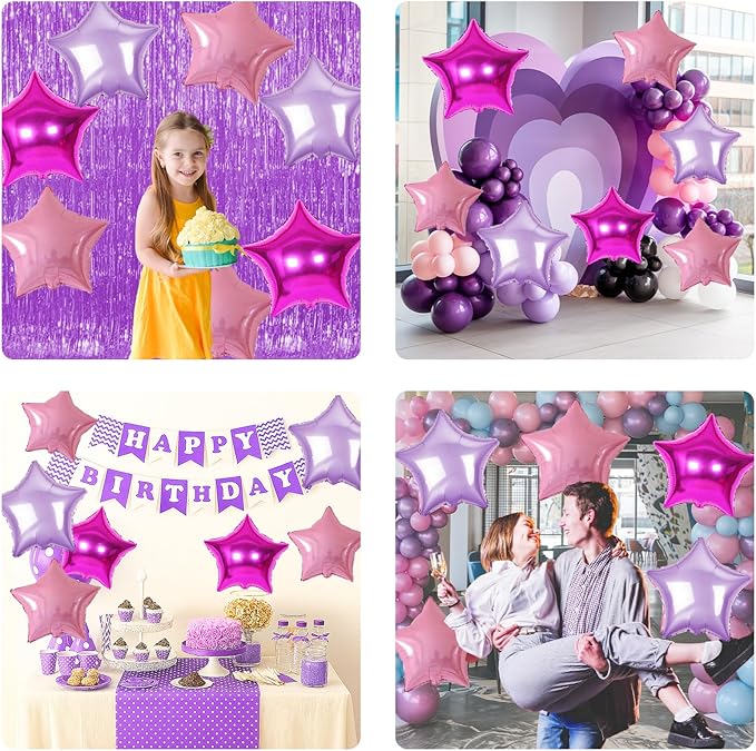 Pink and Purple Star Foil Balloons, 10PCS Pink Foil Stars Shape Balloons, 18 Inch Metallic Purple Stars Balloon for Helium Pentagram Balloon for Girls Birthday, Princess, Anniversary Party Decoration