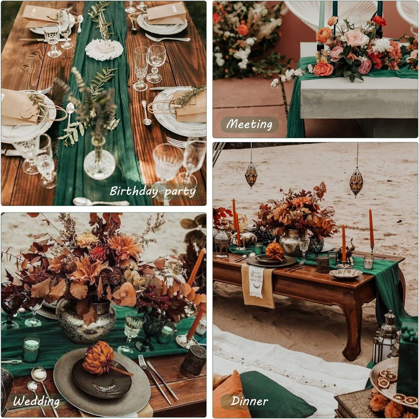 12 Pack 10Ft Cheesecloth Table Runner 35x120 Inch Boho Gauze Table Runner Rustic Cheese Cloth Long Romantic Table Runners for Wedding Bridal Shower Birthday Party Table Decor (Dark Green)