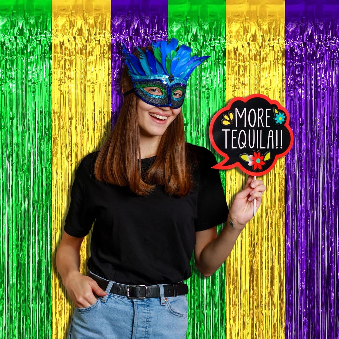 4 Pack Mardi Gras Foil Fringe Curtain Backdrop, 3.28Ft x 6.56Ft Gold Green Purple Metallic Tinsel Foil Fringe Streamers Curtains for Photo Booth, Wedding, Birthday, Carnival Party Decoration