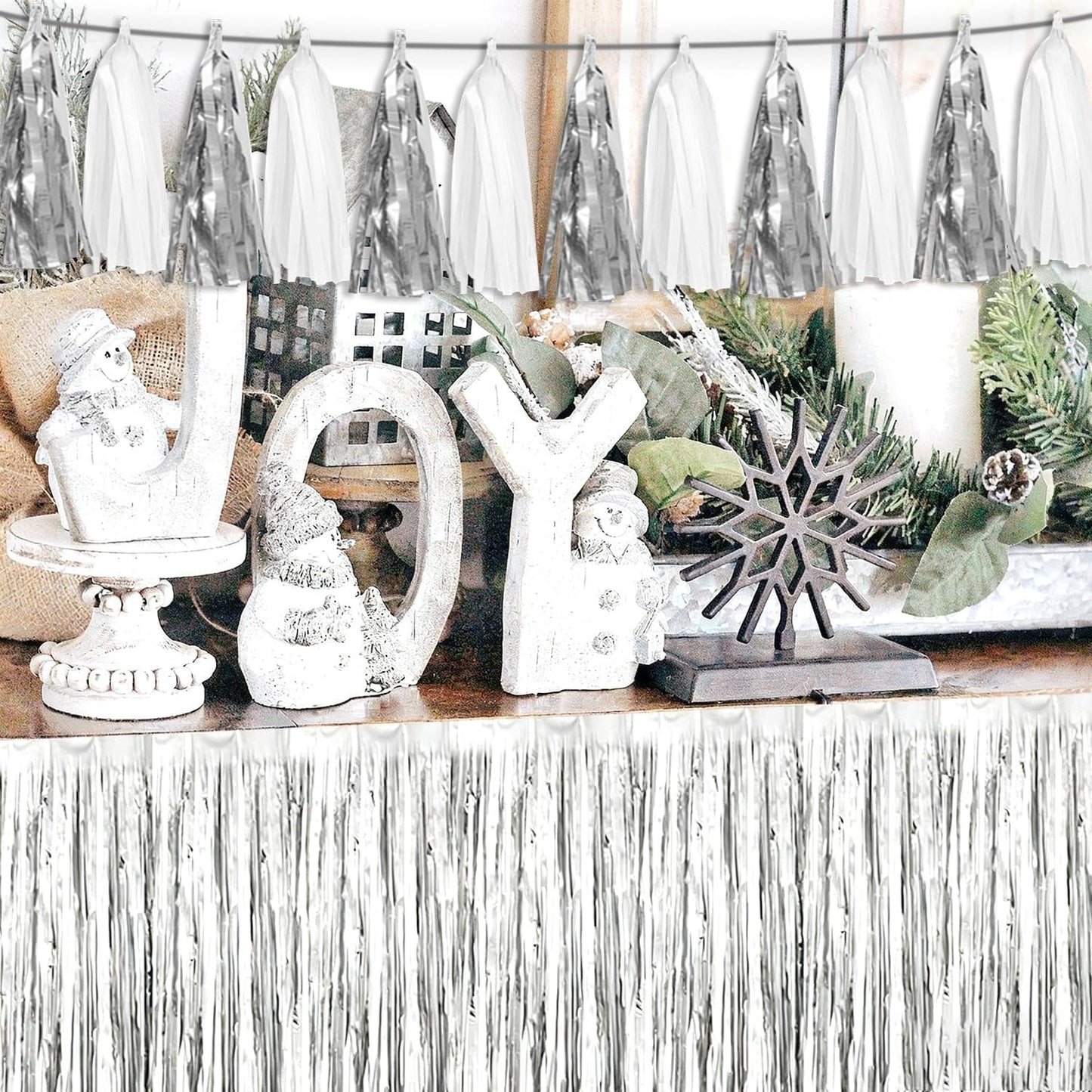 4P White Silver Tassel Banner Garland Metallic Foil Fringe Banner Tinsel Tassels Streamer Banner Backdrop for Parade Floats, Graduation Bridal/Baby Shower Retirement Party Decorations