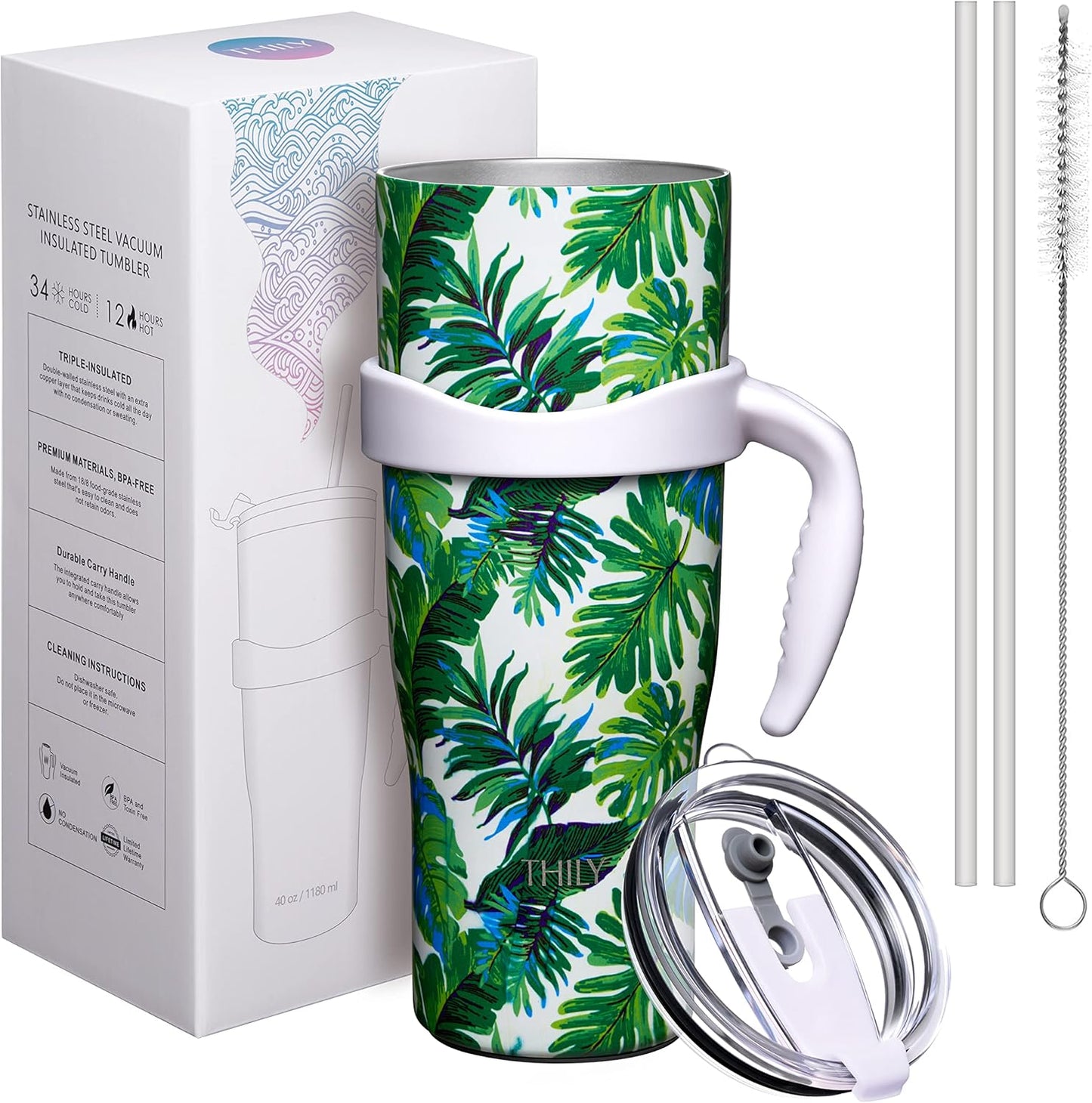 THILY Stainless Steel Vacuum Insulated Tumbler 40 oz Coffee Travel Mug with Handle and Lid, Reusable, Sweat Proof, Keep Drinks Cold for 34 Hours or Hot for 12 Hours, Green Plants