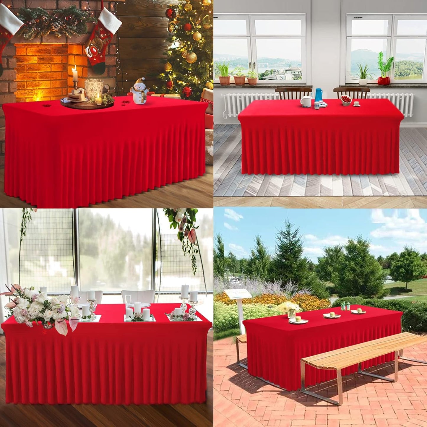 Table Skirts for Rectangle Tables 6ft - One-Piece Red Tablecloths and Skirt, Wrinkle Resistant Ruffles Elastic Cover for Banquets, Weddings, Events, Parties