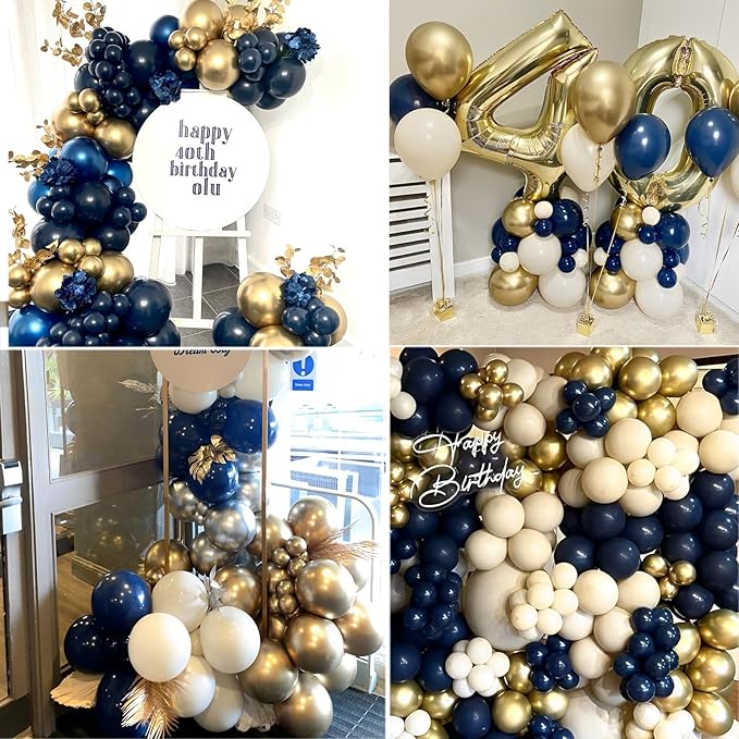 Navy Blue Metallic Gold White Balloons, 50 Pcs 12 Inches Navy Blue and Gold White Sand Latex Balloon for Wedding, Graduation, Birthday Baby Shower, Birthday, Bridal Party Decorations