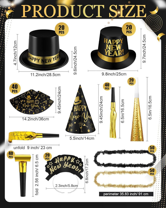 Cuffbow 300 Pcs 2026 New Years Eve Party Supplies Include Happy New Year Cone Hat Headband Tiara Metallic Fringed Party Blowers Noise Makers Horns Leis Hair Hoop Favors Decorations(Black Gold)