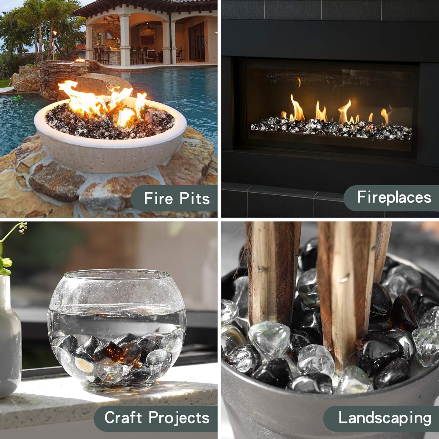 Mr. Fireglass 10 Pounds Blended Fire Glass Diamonds for Fireplace Fire Pit & Lanscaping - 1 inch High Luster Fire Rocks with Mixed Colors (Onyx Black + Crystal Ice + Amber)