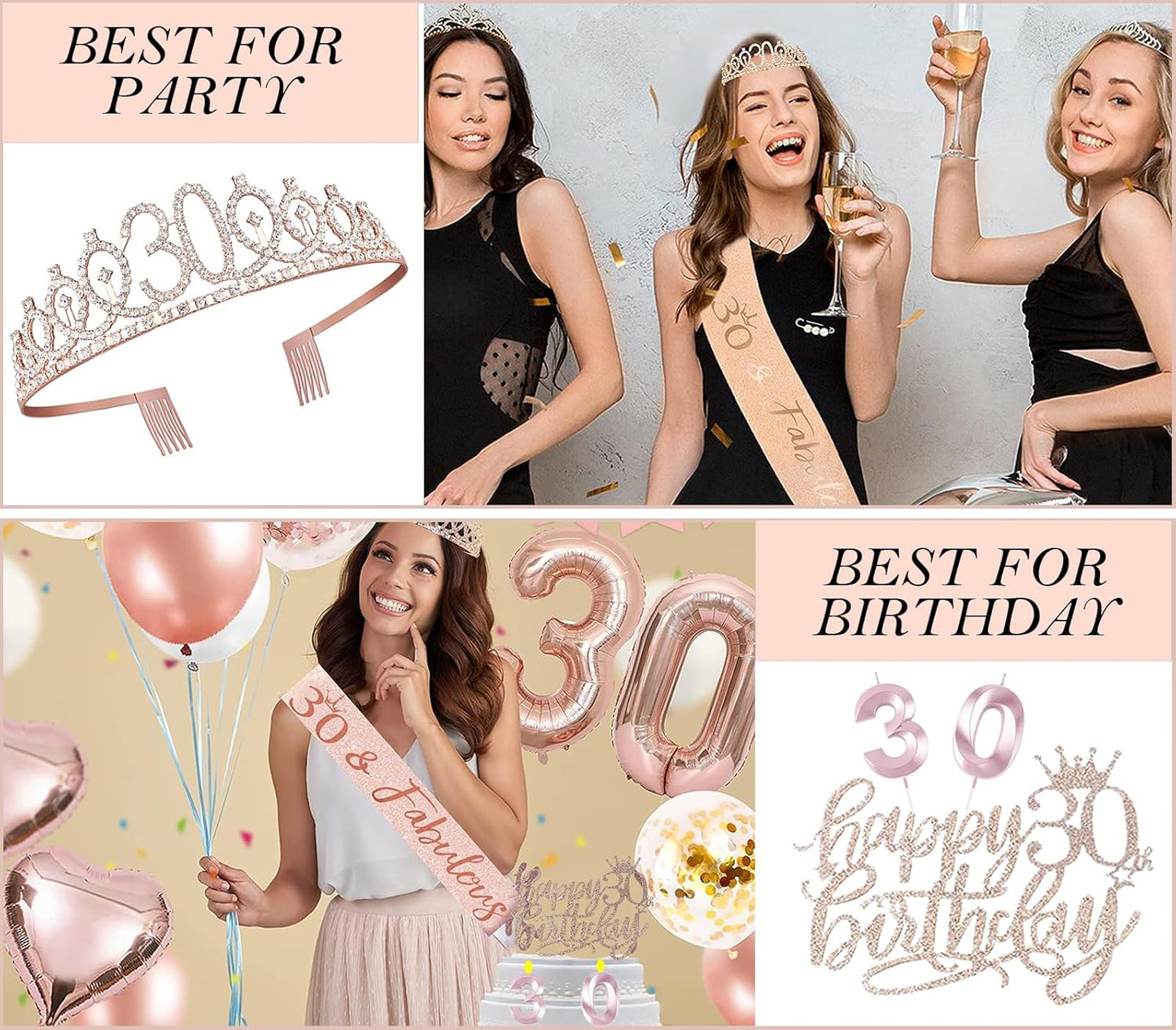 30th Birthday Decorations for Her, 30th Birthday Sash and Crown, Cake Topper and Candles, Pop Up Card, Number Balloons, 30 Year Old Gifts for Women, 10pcs