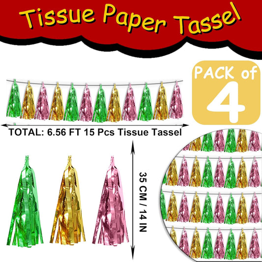 4P Sage-Green Gold Pink Tassel Banner Garland Metallic Foil Fringe Banner Tinsel Tassels Streamer Banner Backdrop for Parade Floats, 2025 Graduation Decorations, Woodland Party Decoration