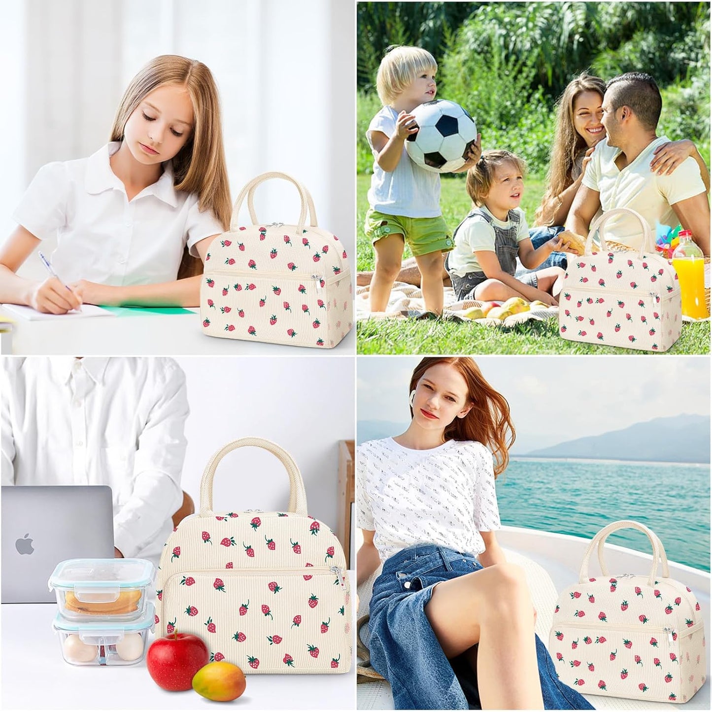Coobiiya Lunch Bag for Women Men, Cute Corduroy Lunch Tote Bags Insulated Reusable LunchBox Large Capacity Cooler Bag for Work Travel Picnic
