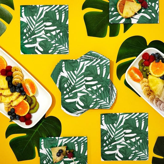 BLUE PANDA Tropical Napkins Palm Leaf Design - 6.5 x 6.5 in Folded, 150 Count, 2-Ply, Green & White - Tropical Leaf Cocktail & Tiki Napkins for Luau & Jungle Themed Parties