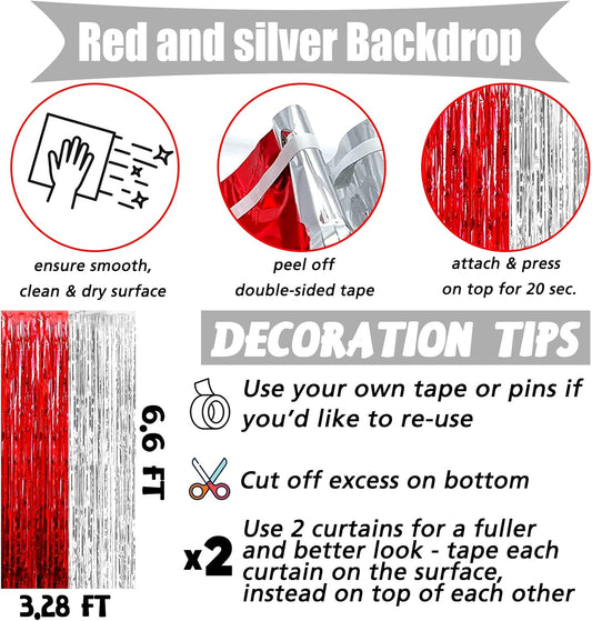 4 Pack 3.2Ft x 6.6Ft Red and Silver Fringe Curtain Backdrop, Metallic Tinsel Foil Fringe Streamers Curtains Background for Photo Booth Wedding Circus Welcome Carnival Birthday Party Decorations