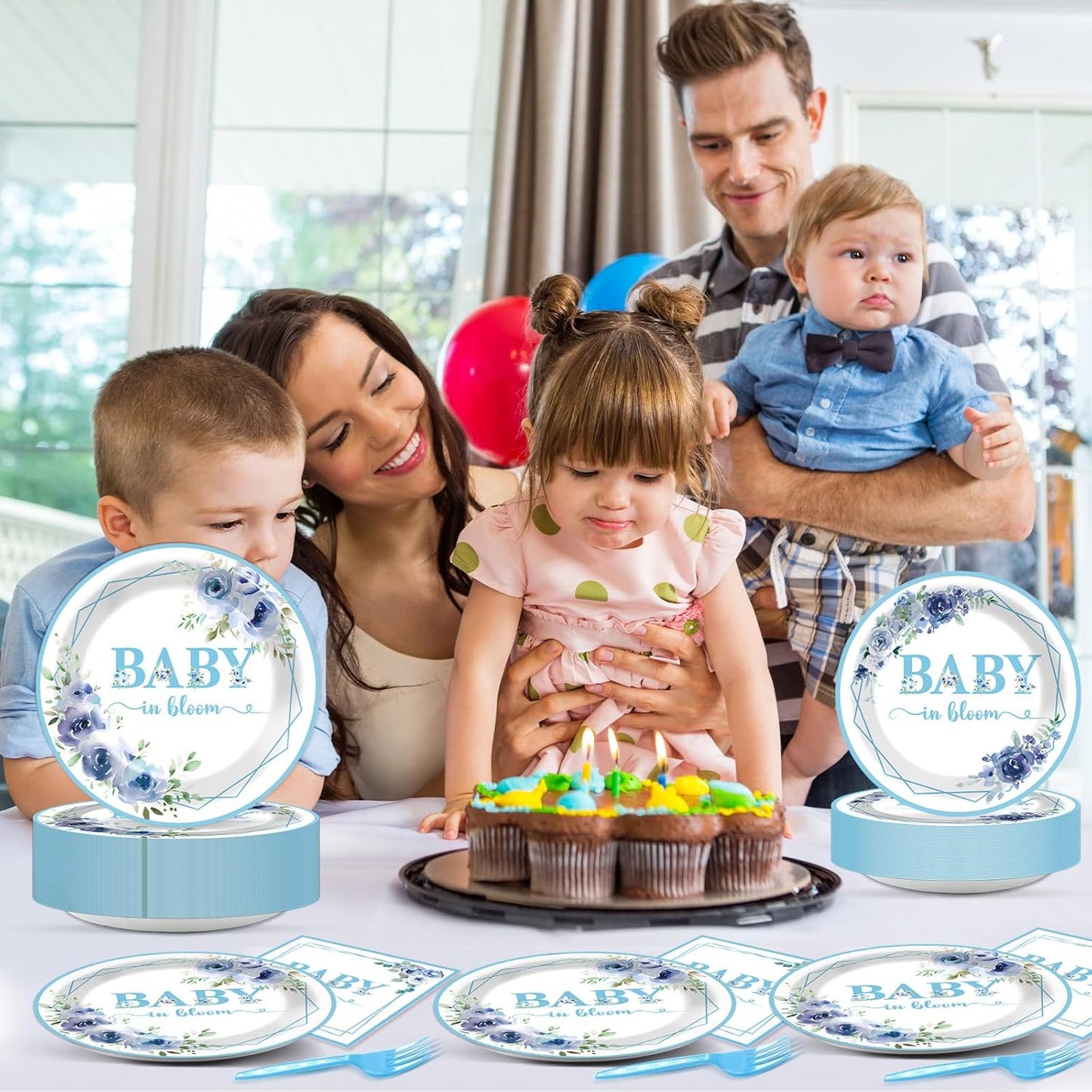 50 Guests Baby In Bloom Baby Shower Decoration Blue Flower Paper Plates Napkins Forks Spring Floral Theme Party Tableware Disposable Party Supplies Favor Plates For Boy Girl Birthday 200PCS