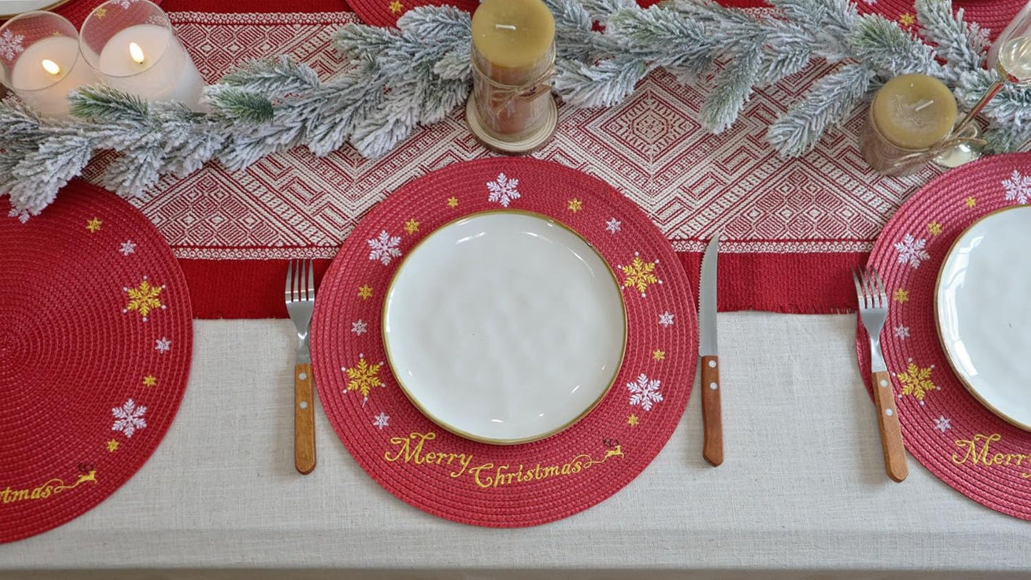 Christmas Placemats Set of 4 Round Placemats Christmas Red Embroidered Table Place mats, Christmas Decorations Holiday Snowflake Plates Chargers for Kitchen Dining Table Mats