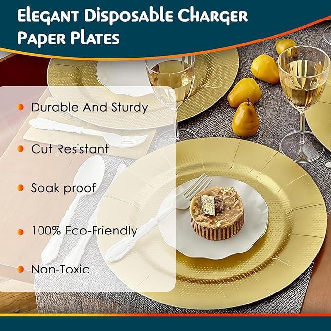 Silver Spoons Gold with Glitz Design Charger Disposable Paper Plates - 13" (Pack of 10) - Perfect for Weddings, Parties & Special Occasions