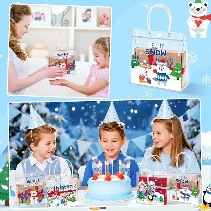 H1vojoxo Polar Animals Gift Bags - 24PCS Winter Polar Animals Clear PVC Gift Bags with Handle Let it Snow Reusable PVC Plastic Transparent Waterproof Tote Bag for Winter Birthday Party Supplies