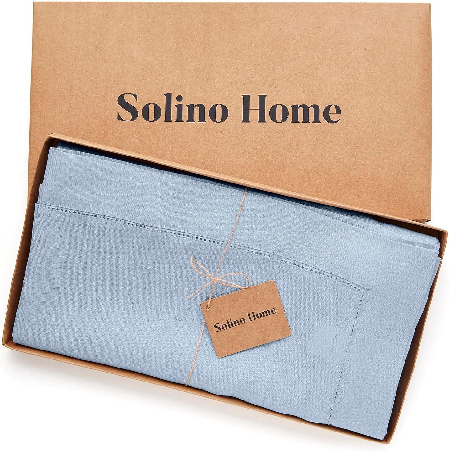 Solino Home Linen Tablecloth 60 x 144 Inch - Classic Hemstitch 100% Pure Linen Sky Blue Table Cloth for Rectangle Tables - Machine Washable Tablecloth for Christmas