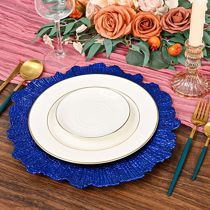 Pesonlook 100Pcs Royal Blue Charger Plates Round 13inch, Reef Plate Chargers for Dinner, Bulk Plastic Floral Table Charger Plates for Dinner Wedding Party Event Table Setting Decoration(Royal Blue)