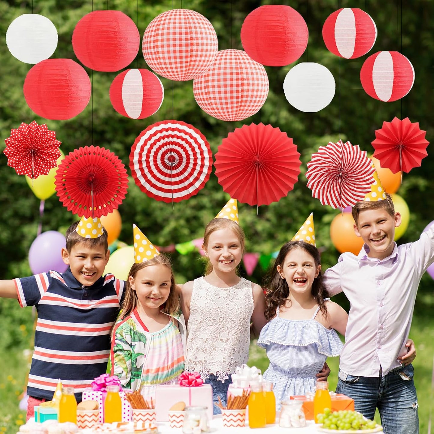 16 Pcs Picnic Party Decorations, Red and White Paper Lanterns & Hanging Paper Fans, Red Gingham Party Supplies for Picnic Carnival I Do BBQ Pizza Hot Dog,Italian Party Decor