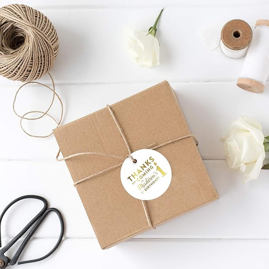 Andaz Press Personalized Round Circle Birthday Gift Tags, Metallic Gold Ink, Thanks for Coming to My 1st Birthday, 24-Pack, Custom Made Name
