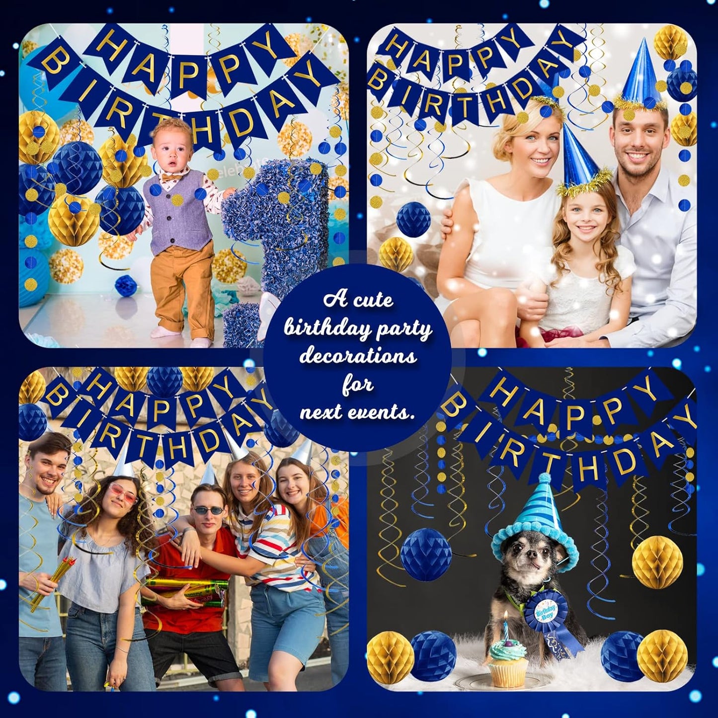 Navy Blue Birthday Decorations with Happy Birthday Banner, Paper Honeycomb Balls, Circle Garland and Hanging Swirl Decorations