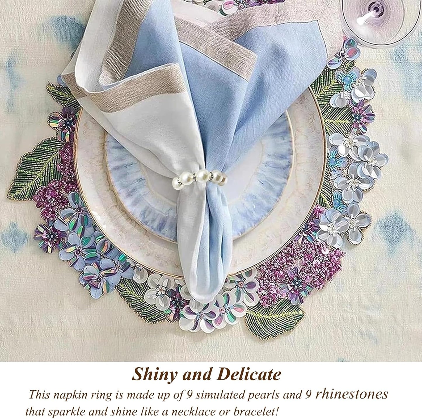 DaMohony 100pcs Pearl Napkin Rings, Silver Elastic Stretched Serviette Rings Buckle, Imitation Serviette Beaded Napkin Rings for Wedding Party Dining Table Decor