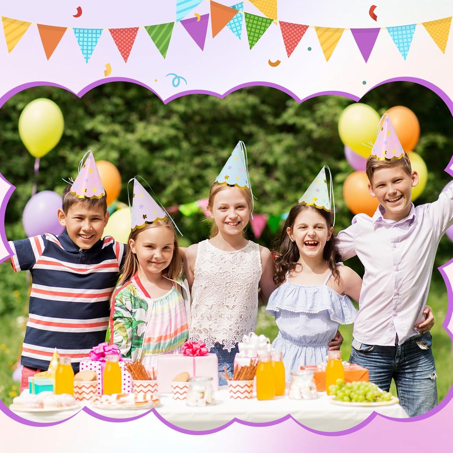 24 Pcs Pastel Party Hats Paper Cone Birthday Hats with Hot Stamping Pentagram and Ribbon Mini Party Headwear for Birthday, Baby Shower, Bridal Shower Decorations