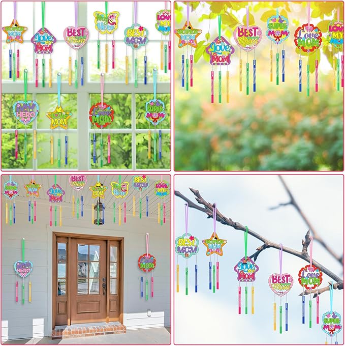 DoubleFill 30 Pack Mother's Day Wind Chime Kit Mom Crafts Make You Own Wind Chimes DIY Coloring Wooden Art and Craft Bulk for Mom's Birthday Gifts Party Decoration Hanging Ornaments