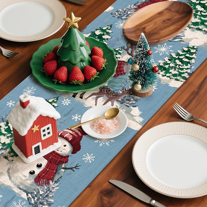 Artscope Reindeer Snowman Christmas Tree Table Runner, Xmas Winter Snowflakes Holiday Kitchen Dining Table Decoration for Christmas Home Party Decor 13x60 Inch-Light Blue