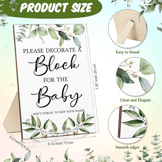 Tatuo 75 Pcs Baby Shower Games Sign Kit Including Decorate a Block Game Sign 50 DIY Wooden Block 24 Acrylic Paint Marker Baby Shower Prize for Gender Reveal Party(Greenery)
