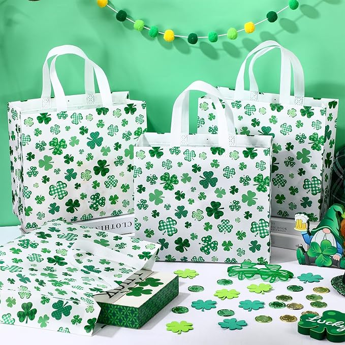 Abbylike 30 Pcs St Patrick's Day Lucky Gift Bag Large Irish Gift Bags Shamrock Candy Green Non Woven Bags for Party Favor