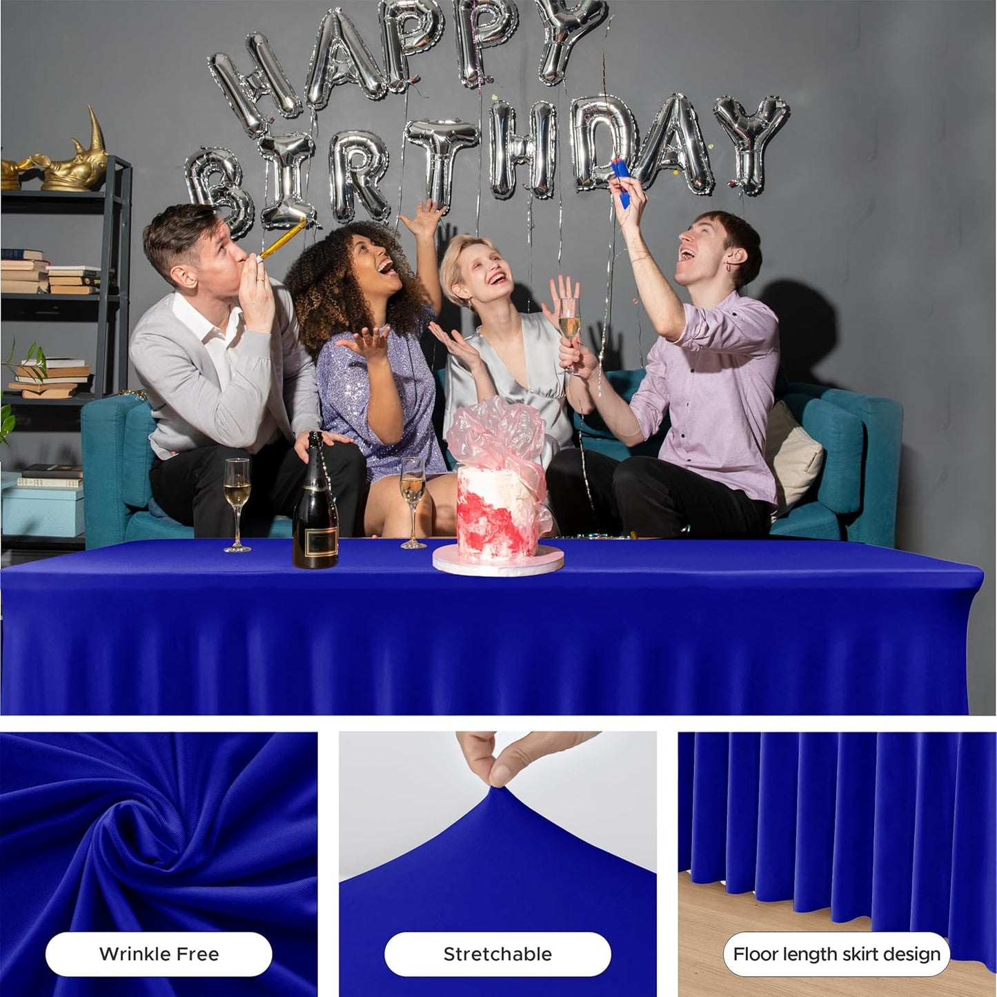 HolidayIdeas Royal Blue Spandex Table Skirts for Rectangle Tables 6ft, Fitted Stretch Table Cover 30x72 Inch, Wrinkle-Free Ruffle Design Tablecloths for Banquets,Trade Shows, Parties, Events, 2 Pack