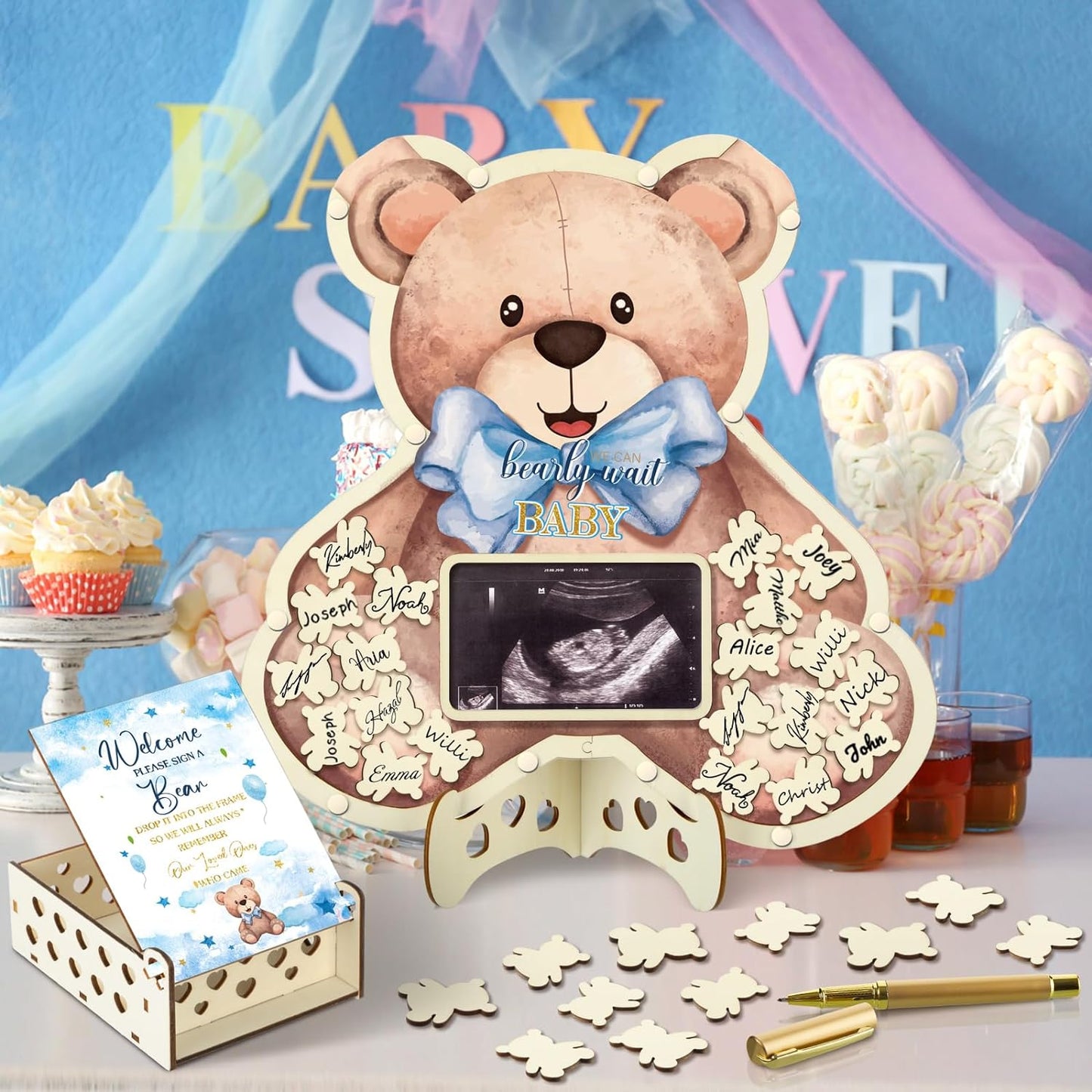 Wenqik 63 Pcs Bear Baby Shower Guest Book Alternatives Set Baby Shower Decorations with Photo Frame Sonogram Frame Keepsake 60 Wood Slices Guest Book for Birthday