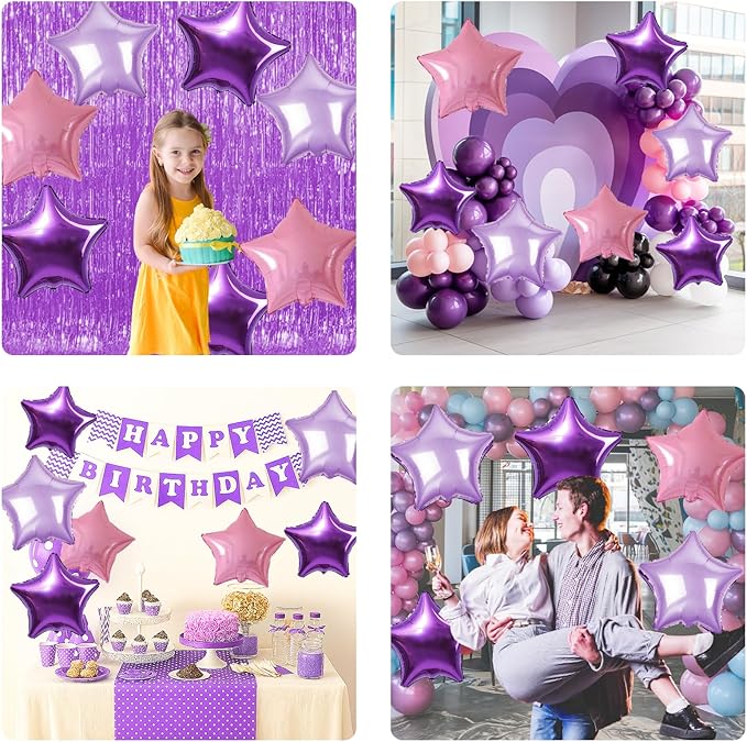 Purple Pink Star Foil Balloon, 10PCS Foil Stars Shape Balloons, 18 Inch Metallic Pink and Purple Stars Balloons for Helium Pentagram Balloon for Girls Birthday, Butterfly, Anniversary Party Decoration