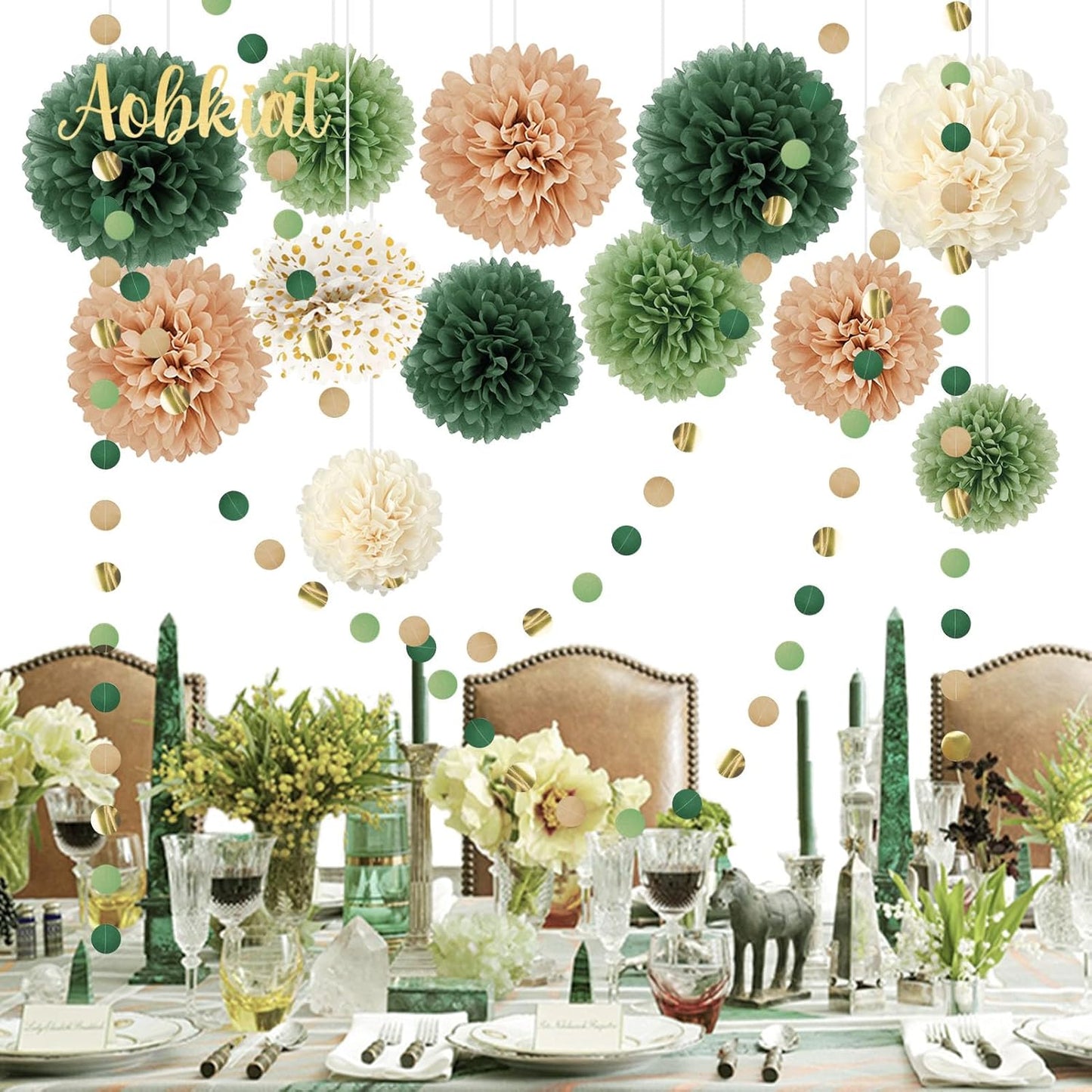 AOBKIAT Wedding Party Decorations Set,15PCS Green Tissue Paper Pom Poms,Dots Paper Garland String Hanging Backdrop for Engagement,Green Boho Wedding,Baby Shower