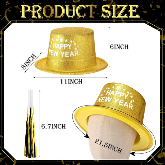 Poen 48 Pcs New Years 2026 Eve Party Supplies Included 24 Plastic Glitter Hats 24 Metallic Fringed Noise Makers for Happy New Year Decorations