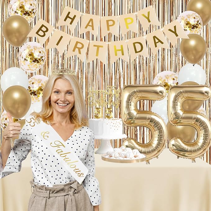 Trgowaul 55th Birthday Decorations for Women, Banner, Sash and Crown, Cake Topper, 55 Number Balloon, Fringe Curtains, Champagne Gold 55th Birthday Party Supplies