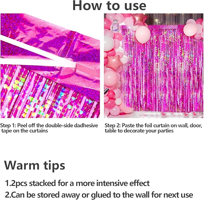 4 Packs Hot Pink Foil Fringe Curtain, Pink Glitter Metallic Tinsel Backdrop for Birthday, Wedding, Baby Shower, Bachelorette Cowgirl Princess Party Decorations Supplies
