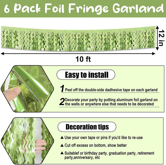 6 Pack 10 Feet Light Green Wave Foil Fringe Garland Metallic Tinsel Streamers Banner Wall Hanging Curtain Backdrop for Parade Floats, Mother's Day, Easter, Wedding, Birthday Party Decoration