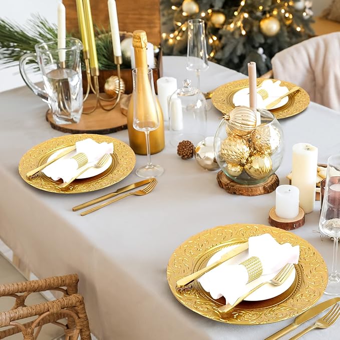 Uiifan 12 Pcs Antique Charger Plates Bulk 13'' Plastic Plate Chargers Decorative Embossed Rim Round Plates for Wedding Party Event Dinner Kitchen Table Setting Decoration (Gold)