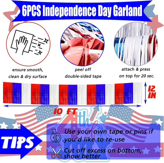 6 Pack 6 Feet Foil Fringe Garland Metallic Tassle Banner Wall Hanging Tinsel Streamers Backdrop for Parade Floats, Bachelorette, Wedding, Birthday, Independence Day Party Decorations(Red Blue White)